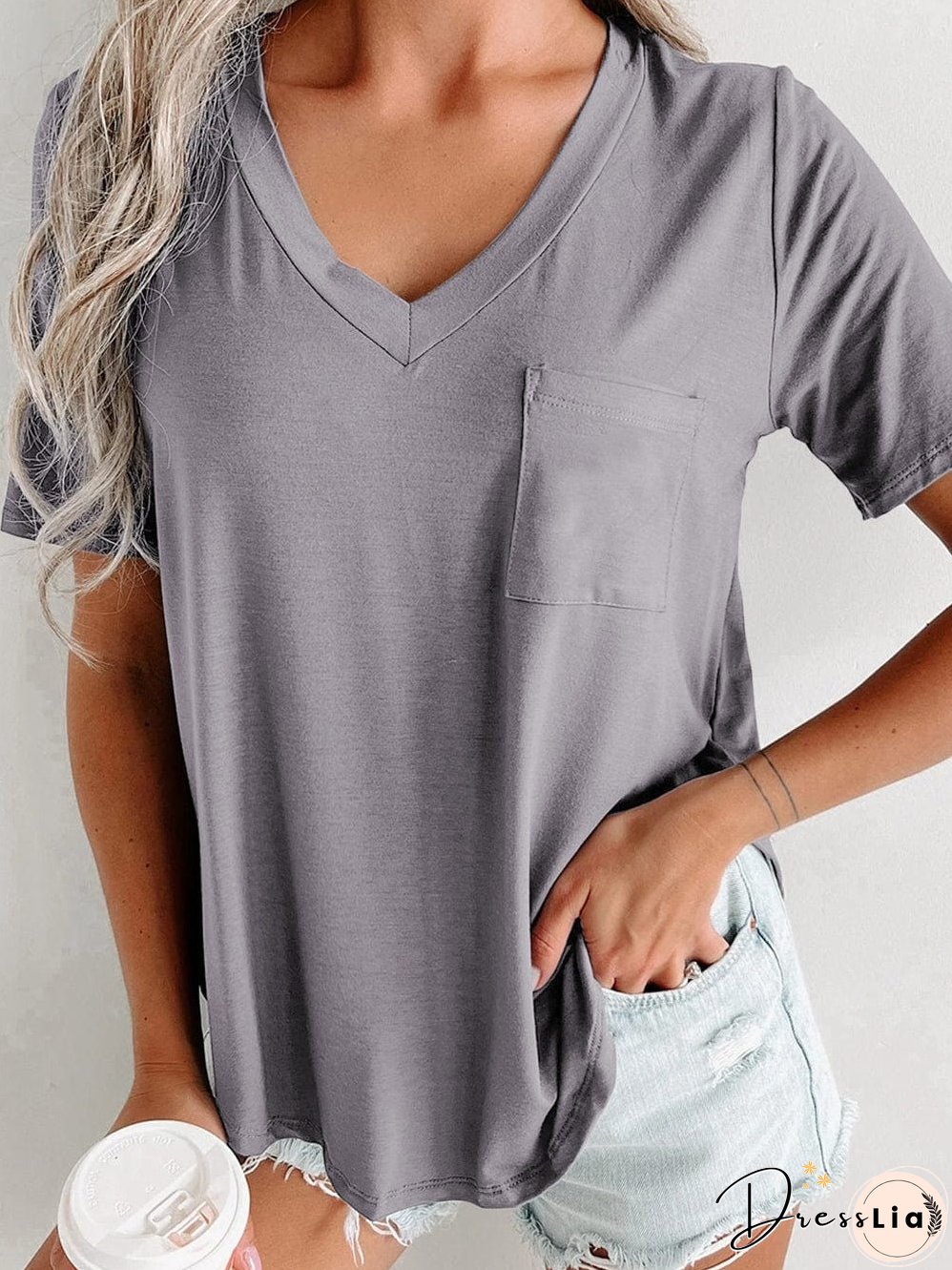 Medium Grey V Neck Pocketed Rounded Hem T-Shirt