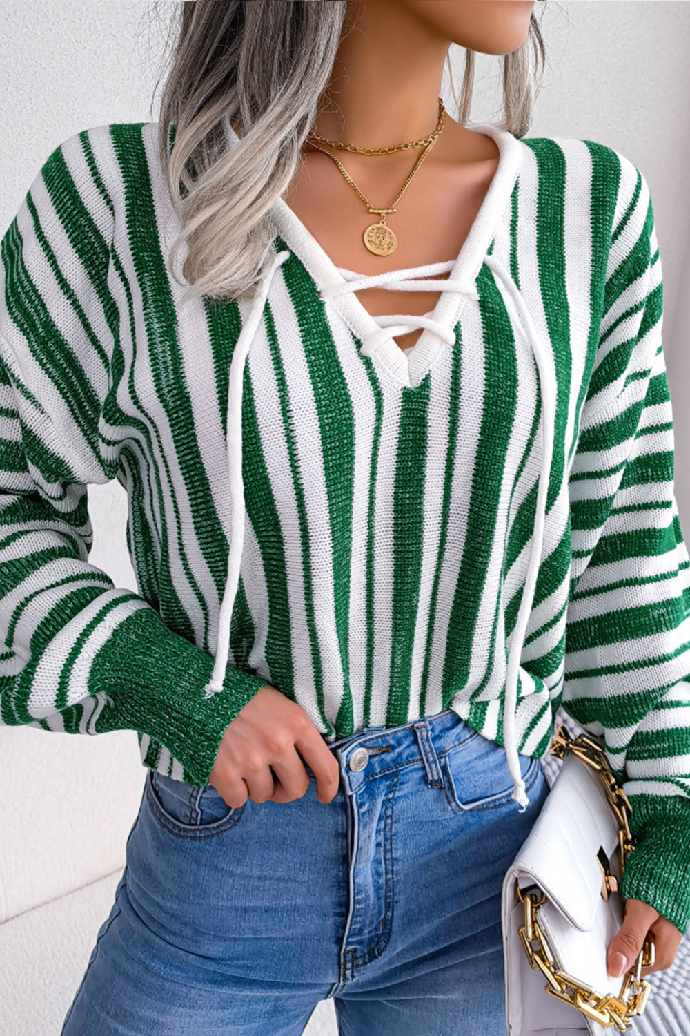 Contrast Stripe Tie Balloon Sleeve Sweaters & Cardigans