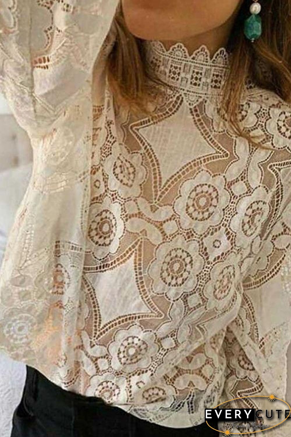 Lace Hollow Puff Sleeve T Shirt