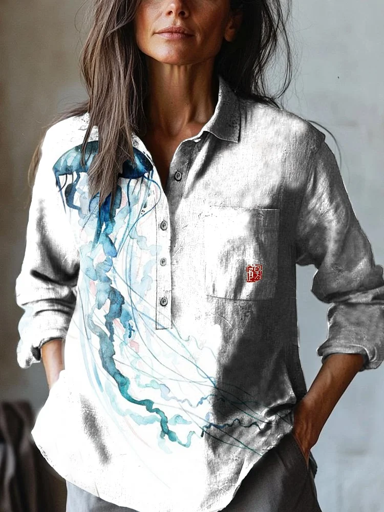 Women's Japanese Jellyfish Art Print Casual Cotton and Linen Shirt