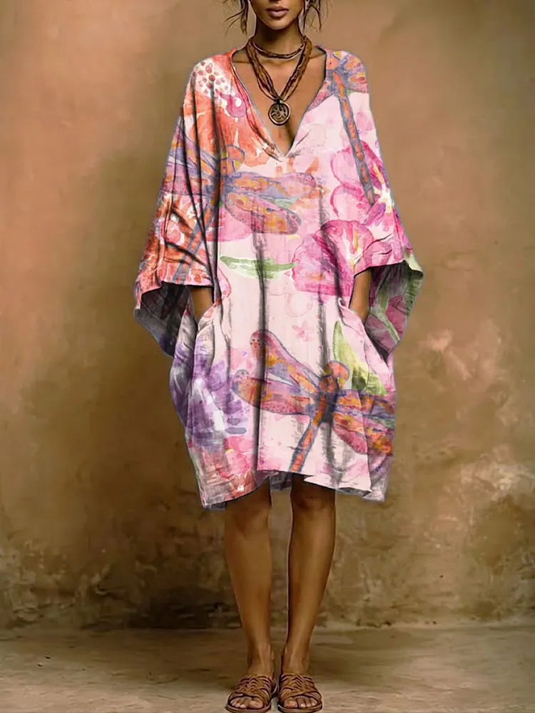 Retro Watercolor Dragonfly Print Cotton-linen Loose V-neck Dress