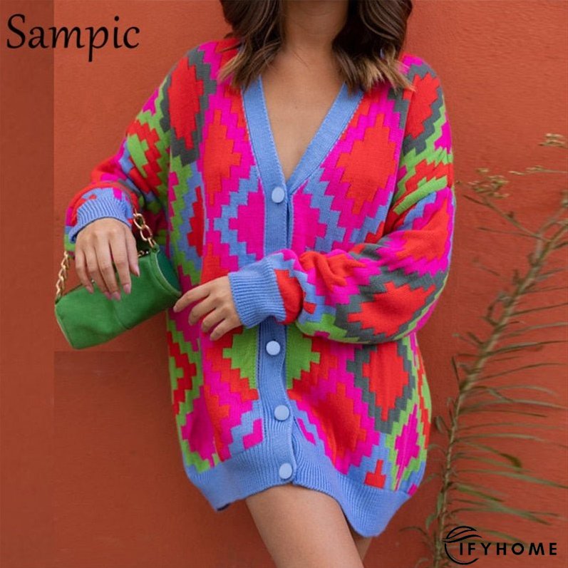 Christmas Gift Sampic Loose Patchwork Knitwear Winter Women Cardigans Tops Oversized Long | IFYHOME