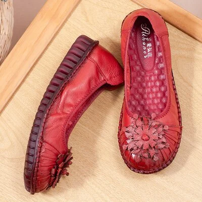 GKTINOO Fashion Flower Design Round Toe Solid Color Flat Shoes Vintage Genuine Leather Women Flats Handmade Women's shoes