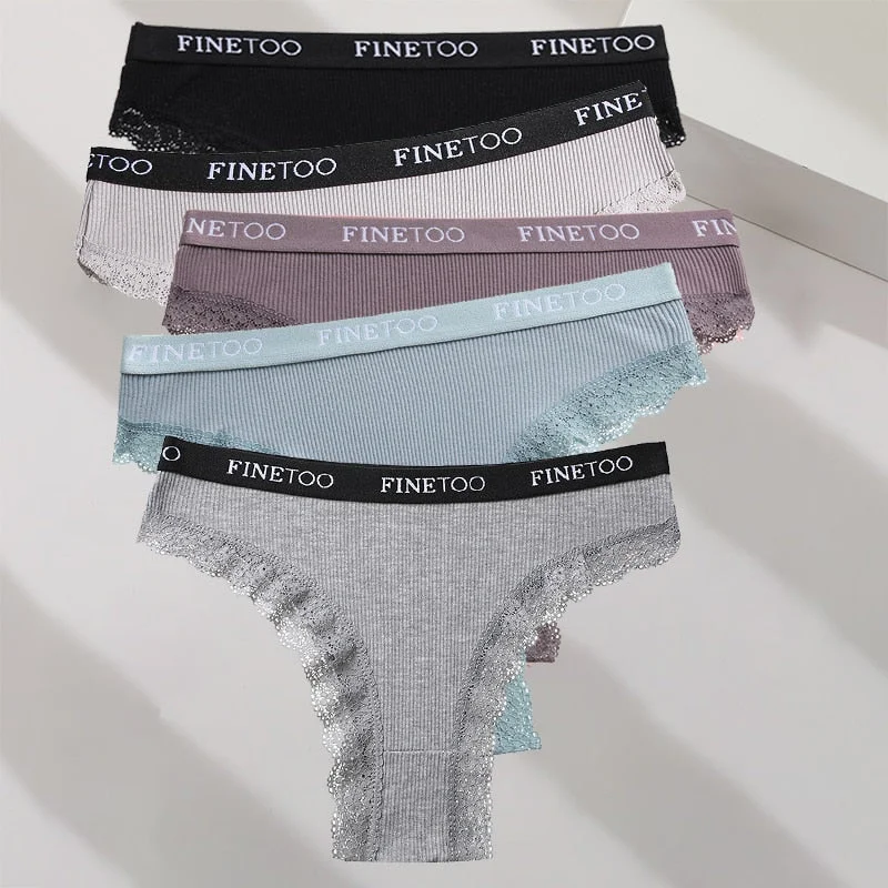 FINETOO 5PCS/Set M-XXL Cotton Panties Women's Letter Thong  Girls Brazilian Panty Sexy Lace Underwear For Woman Lingerie Bikini