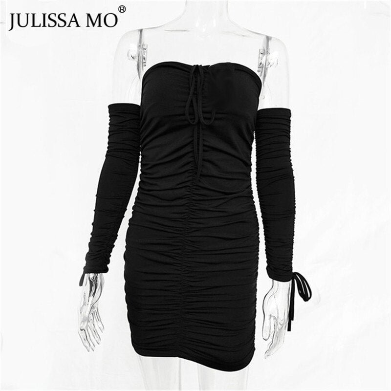 JULISSA MO Women Bandage Bodycon Dresses 2020 Autumn Off Shoulder Long Sleeve Ruched Dress White Backless Short Party Vestidos