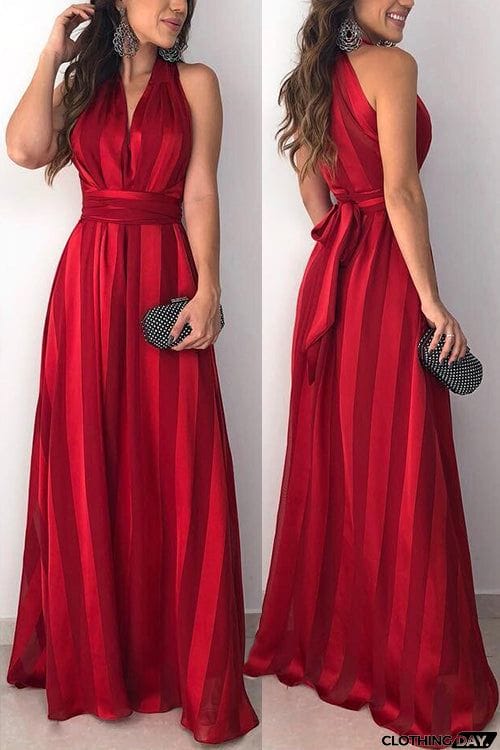 Stripe V Neck Belted Sleeveless Maxi Dress