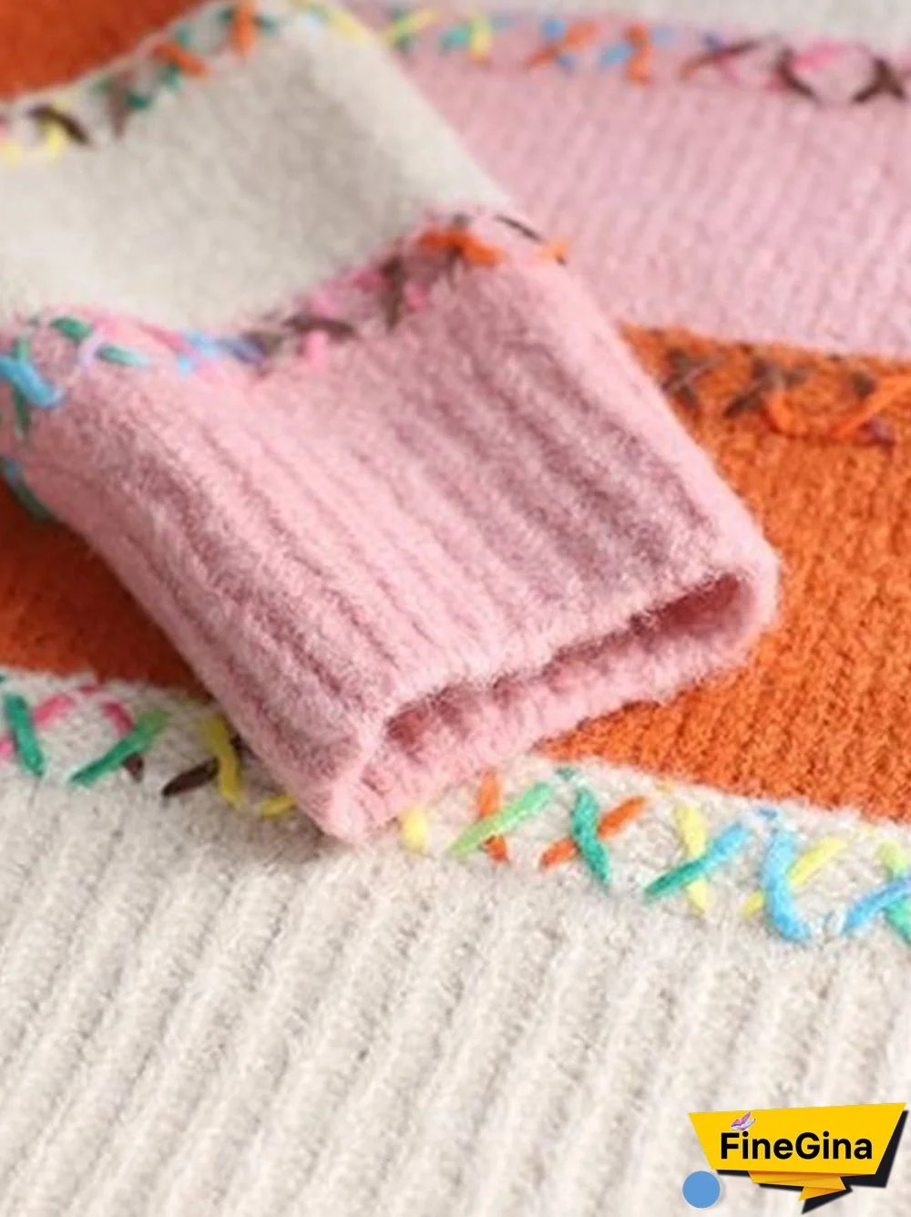 Women's Fashionable Lazy Style Handmade Thread Contrasting Round Neck Knitted Cardigan