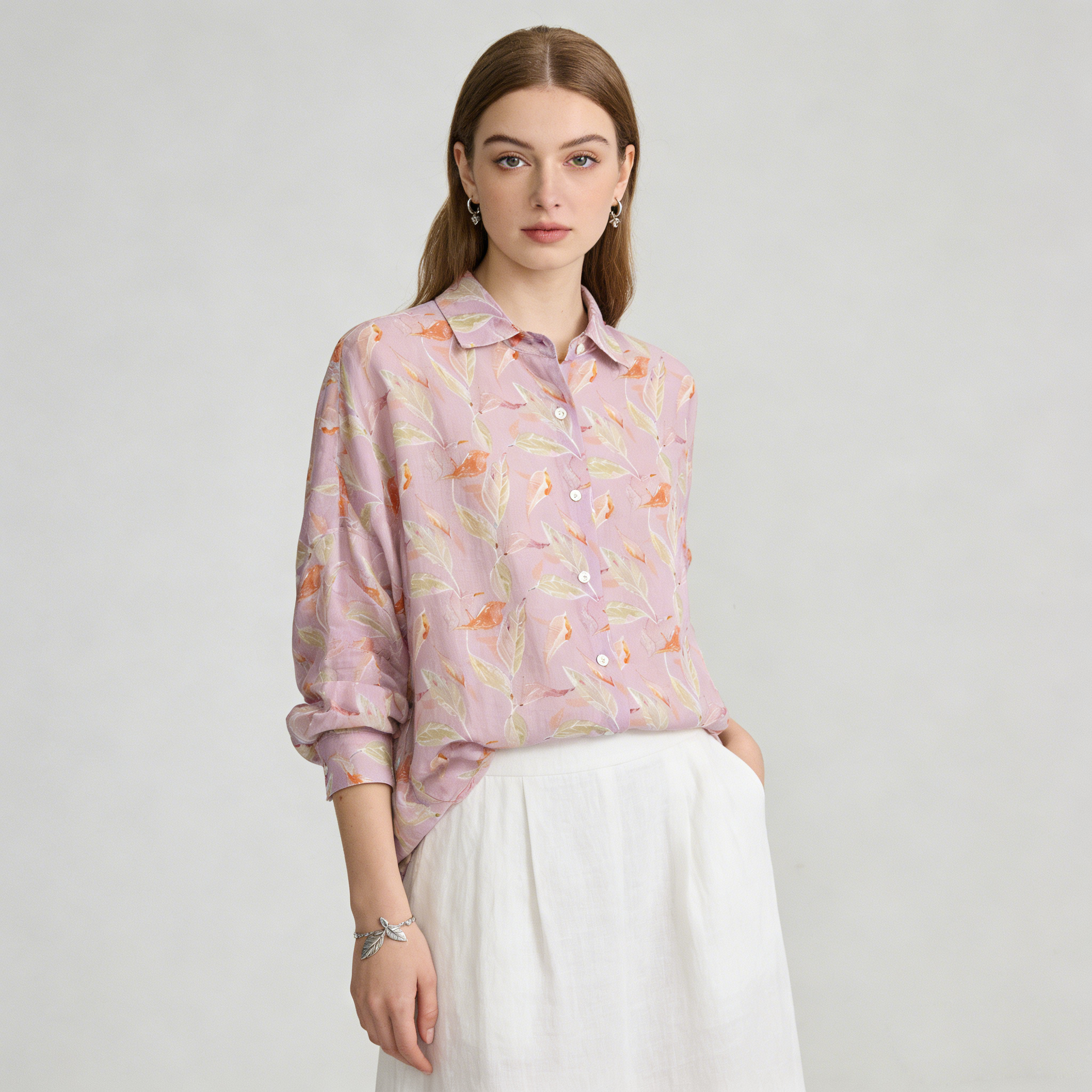 Linen Shirt Women 100% Ramie Leaf Print Oversized Top REAL SILK LIFE