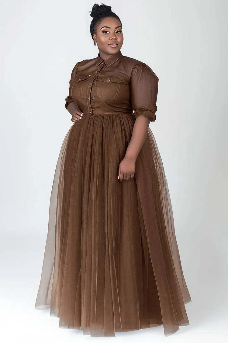 Xpluswear Design Plus Size Semi Formal Blue Shirt Collar Short Sleeve See Through Contrast Tulle Tencel Denim Maxi Dresses 2024 - Xpluswear