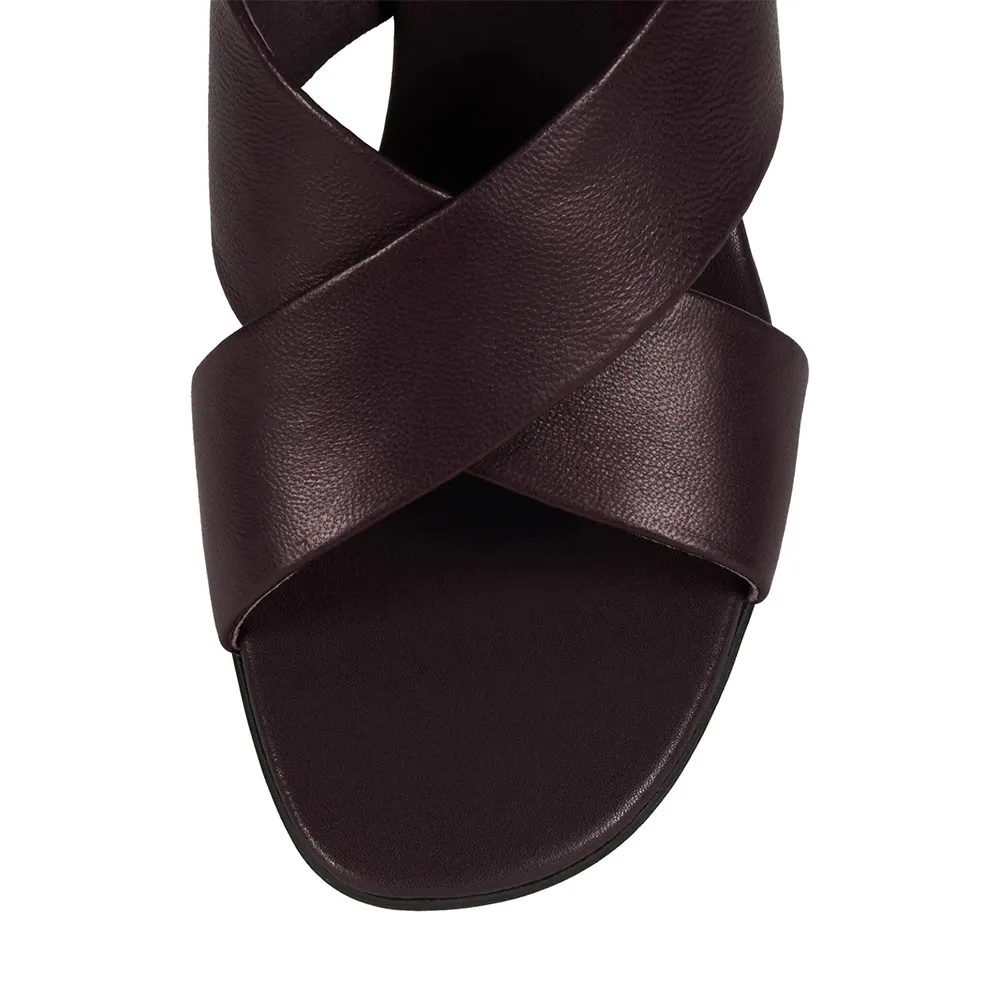 Elegant Maroon Open Toe Block Heel Cross Strap Mule Shoes for Women