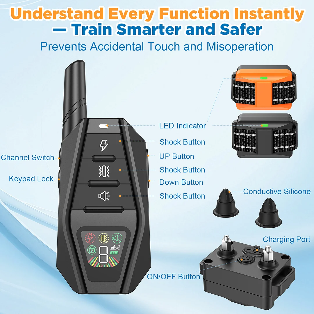 Dog Training Collar for 2 Dogs with Remote, 1640FT Range IP67-Rated, Beep Vibration Safe Shock Modes, Safety Lock, Adjustable Reflective Nylon Collars, Rechargeable