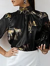 Stylish High-Neck Leopard Print Loose Blouses&Shirts Tops