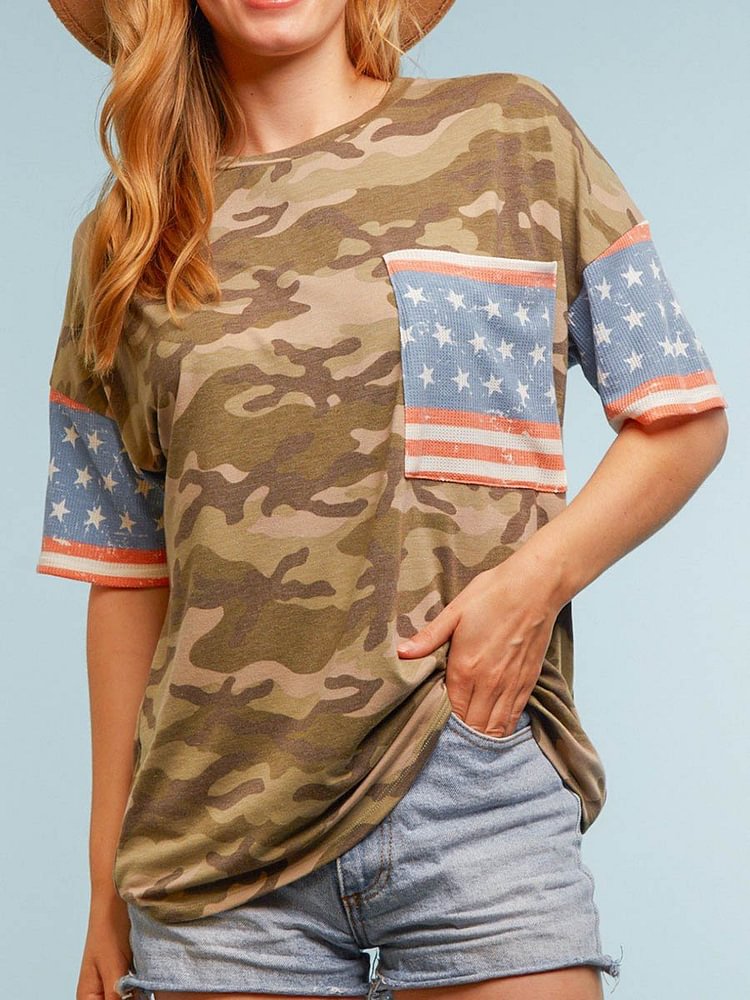 Bestdealfriday Camouflage Crew Neck T-Shirt With American Flag Pocket Decoration 9493357