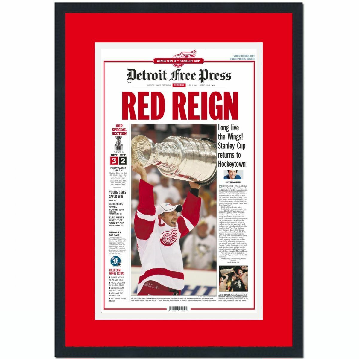 Framed Detroit  Press Red Reign Wings 2008 Stanley Cup Newspaper 17x27 Photo Poster painting