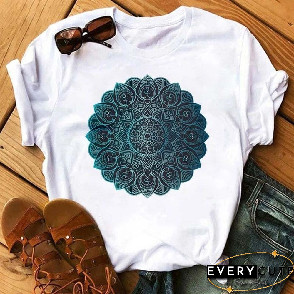 Maycaur New Mandala Floral Printed T Shirt Women Casual Fashion T-shirt Loose Short Sleeve 90s Girls Aesthetics Black Tshirt Top