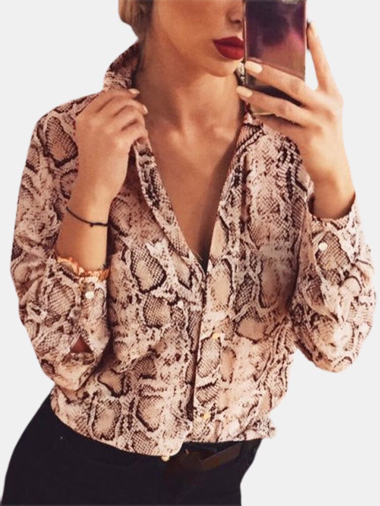 Cobra Snake Printed Long Sleeve Button Shirt Women Blouse P1774250