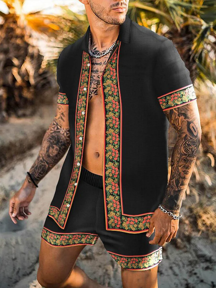 Men's fashion ethnic style casual printed shirt suit