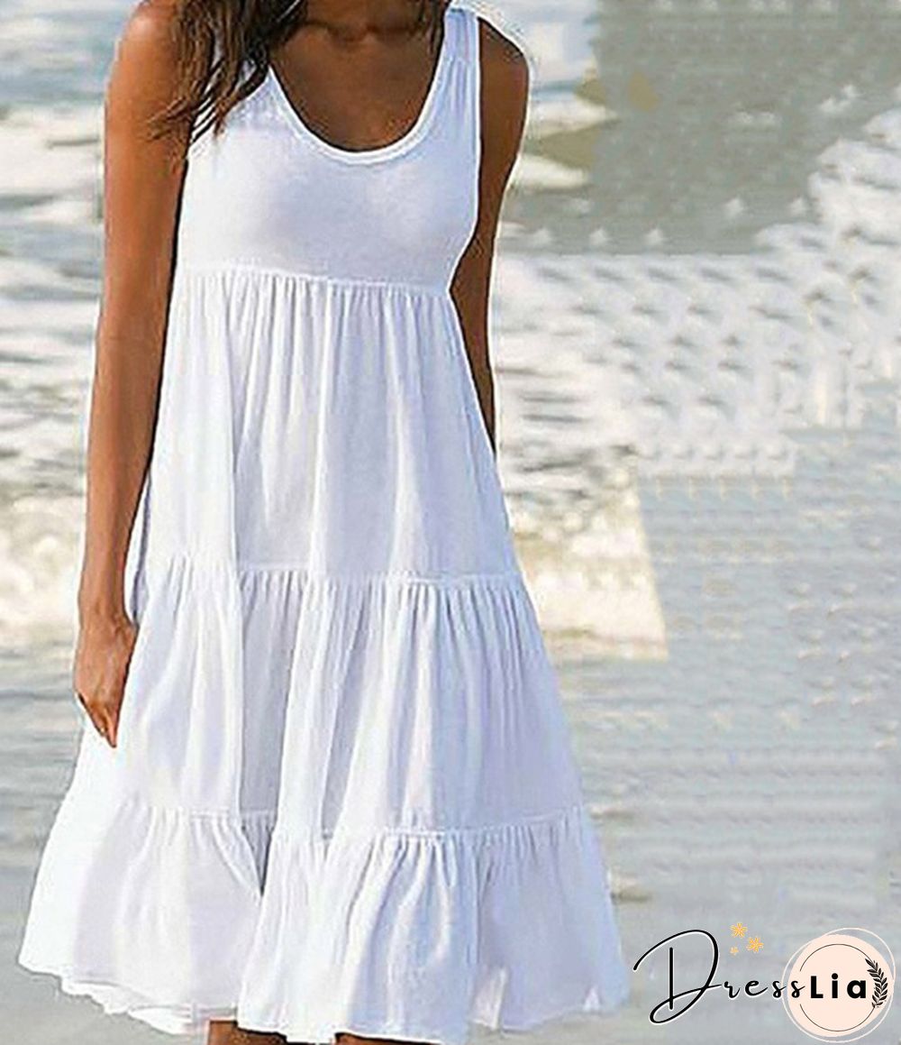 Summer Dresses Plus Size Fashion Clothes Women's Casual Tank Tops Party Beach Wear Loose Dresses Solid Color A-line Skirt Cotton Round Neck Off Shoulder Dress Ladies Pleated Halter Mini Dress Sleeveless Dresses