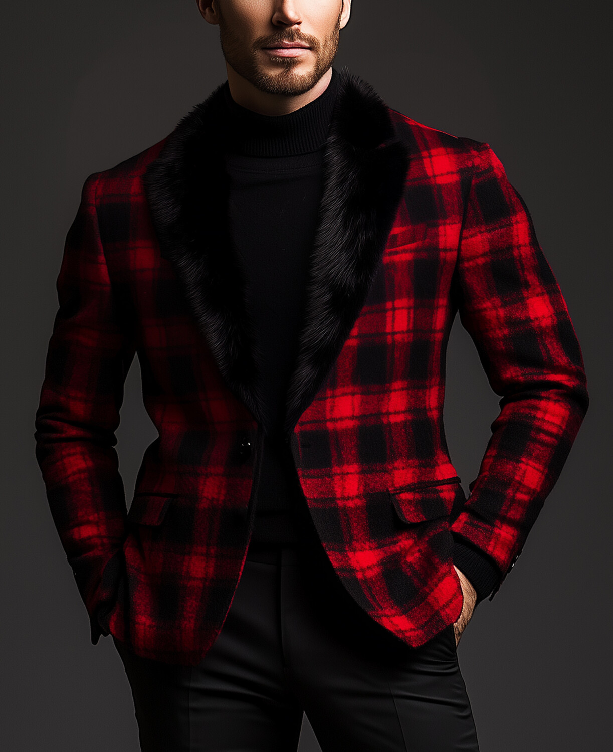 Okaywear Plaid Plush Lapel Two Button Woolen Blazer