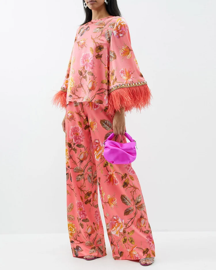 Pink rose-print silk shirt and wide-leg trousers two-piece set