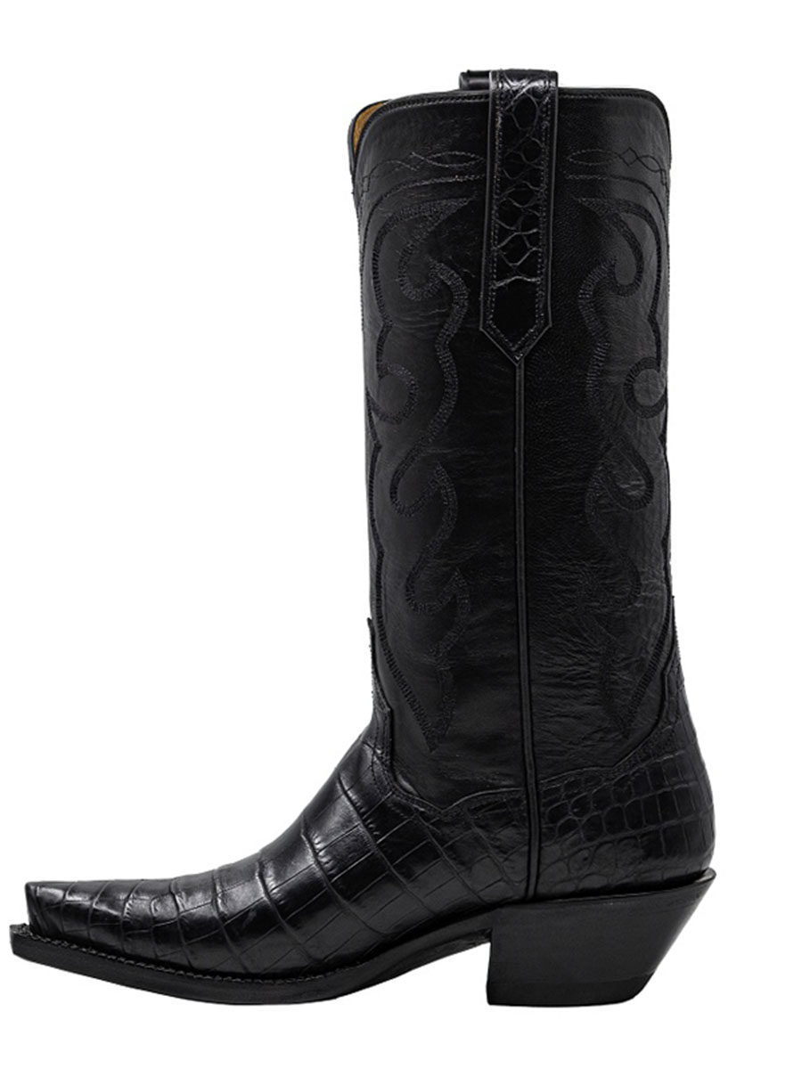 Black Vegan Leather Snip Toe Croc Embossed Embroidered Mid Calf Cowgirl Boots With Chunky Heels