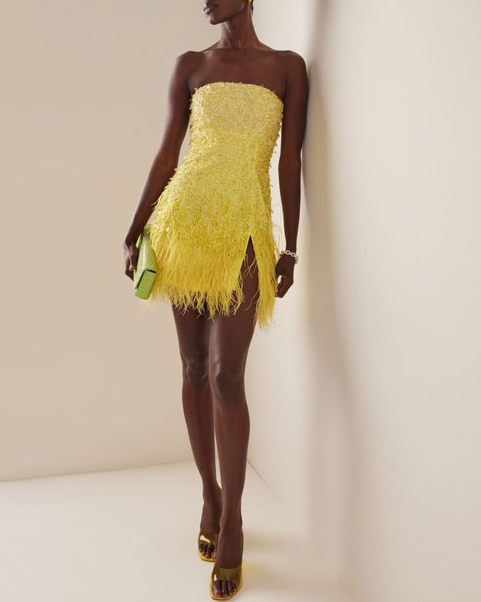 Strapless Rhinestone Feather Slit Mini Dress