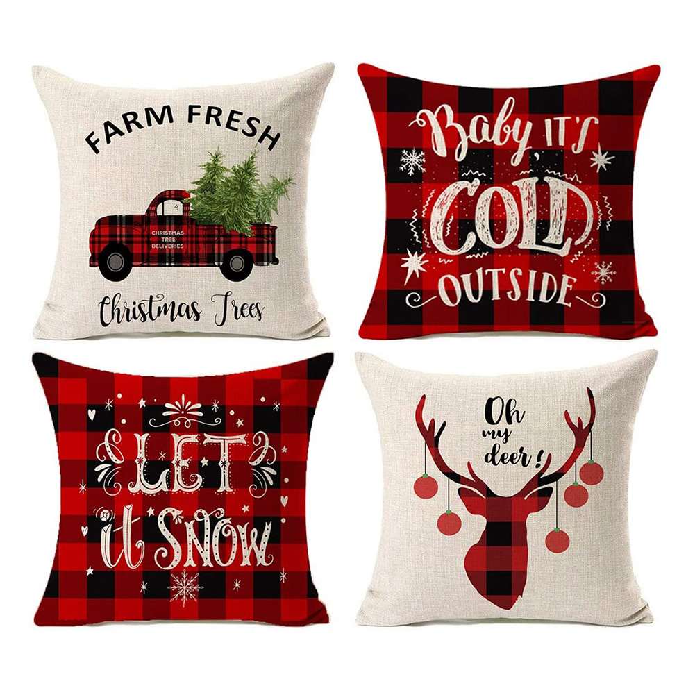 

4x Christmas Printed Pillow Case Linen Plaid New Year Throw Cushion Covers, 501 Original