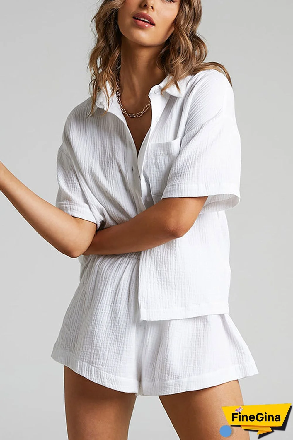 Button Half Sleeve Blouse Short Set