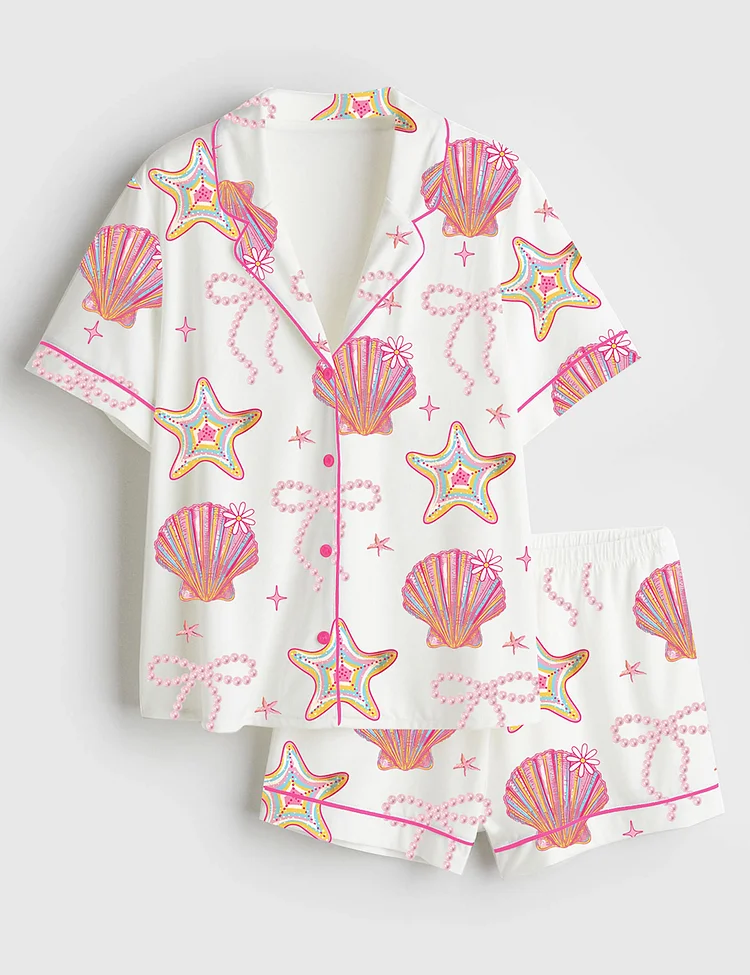 Women&rsquo;s Summer Clam Coquette Bow Summer Vibes Pink Clam Summer Beach Short Sleeve Satin Pajama Set