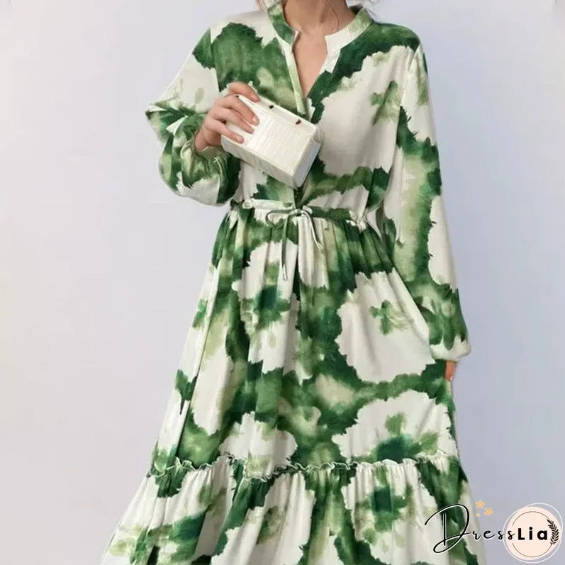 Women's Sleeve Printing Lapel Long Sleeves Large Dresses
