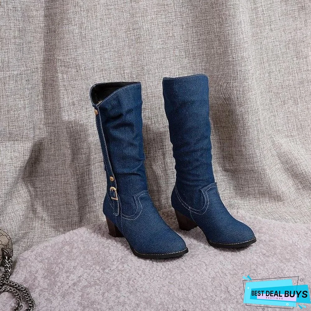 Thick Heel Buckle Cowboy Boots