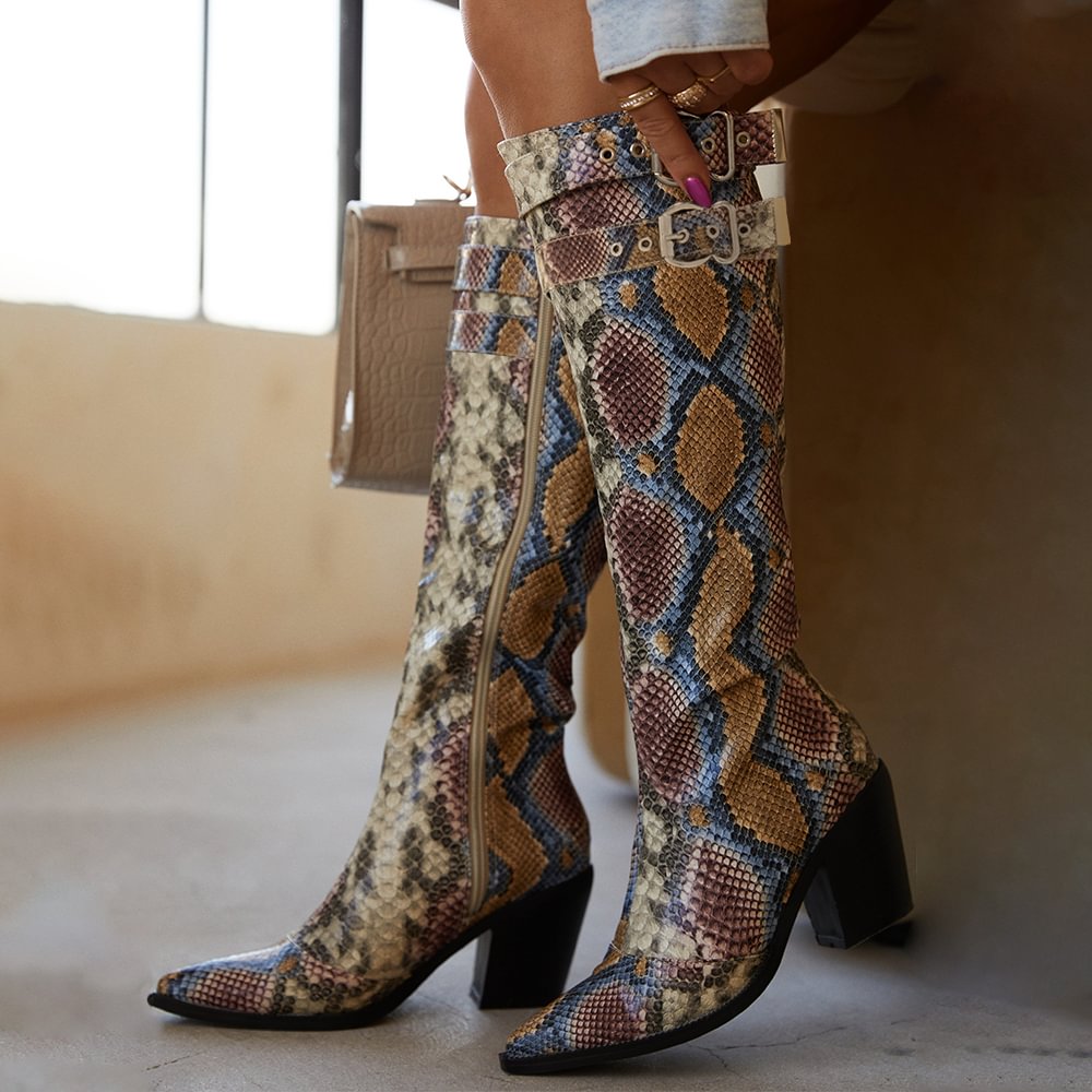 Snake Skin Leather Knee Boots Pointed Toe Chunky Heel Knee Boots Nicepairs