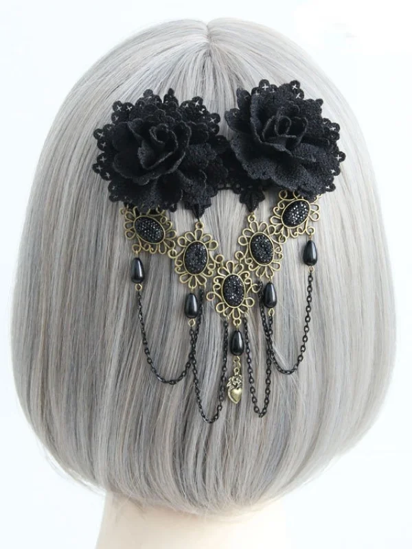 Dark Goth Handmade Fringed Lace Flower Hairpin-mysite