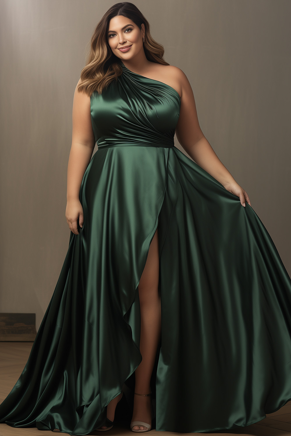 Flycurvy Plus Size Wedding Guest Dark Green Satin One Shoulder Slit Maxi Dress