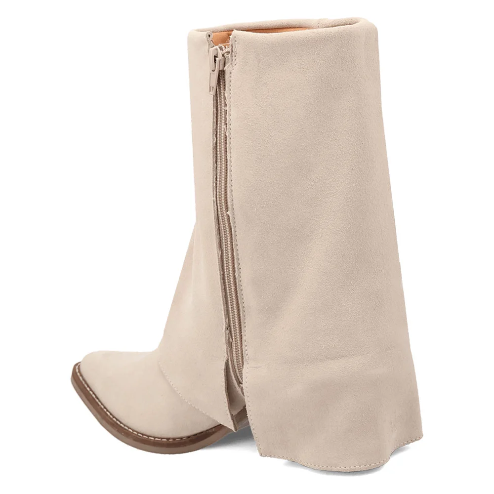 Beige Vegan Suede Chunky Heel Almond Toe Fold Over Fringe Booties