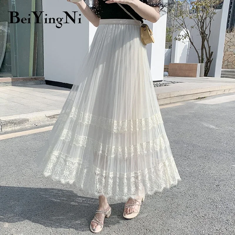 Beiyingni 2020 Summer Lace Patchwork Casual High Waist Midi Tulle Skirt Woman Vintage Charming Long Tutu Skirt Ladies White Pink