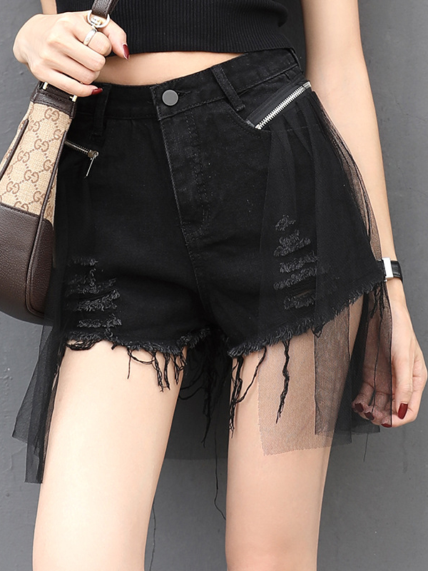 Solid Color Mesh Paneled Zipper Decorated Shorts