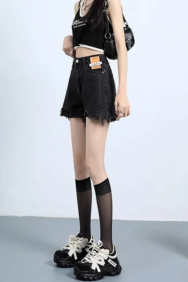 Black Distressed Denim Shorts with High Waist and A - Line Fit
