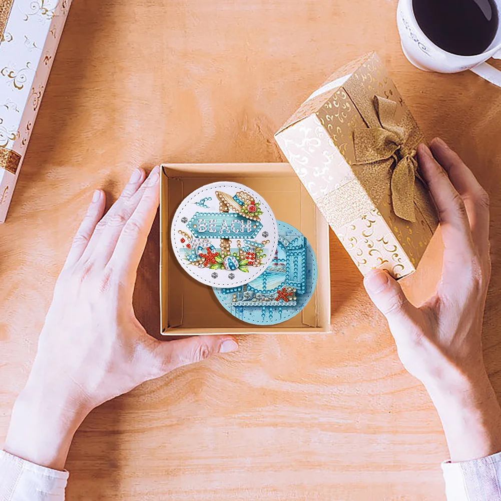 DIY Diamond Art Portable Cosmetic Mirror Home Diamond Painting Crafts (Beach)