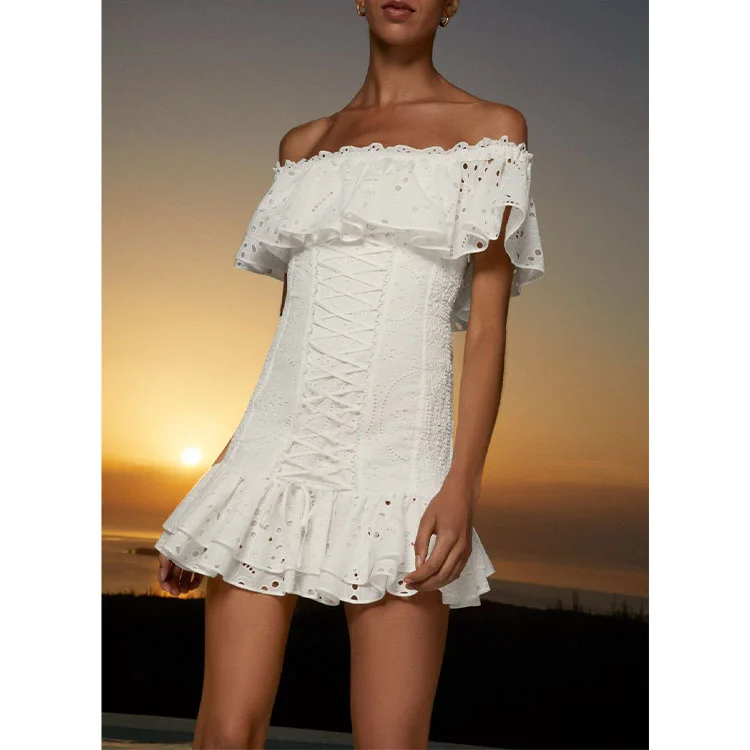Off Shoulder Ruffle Embroidery Mini Dress