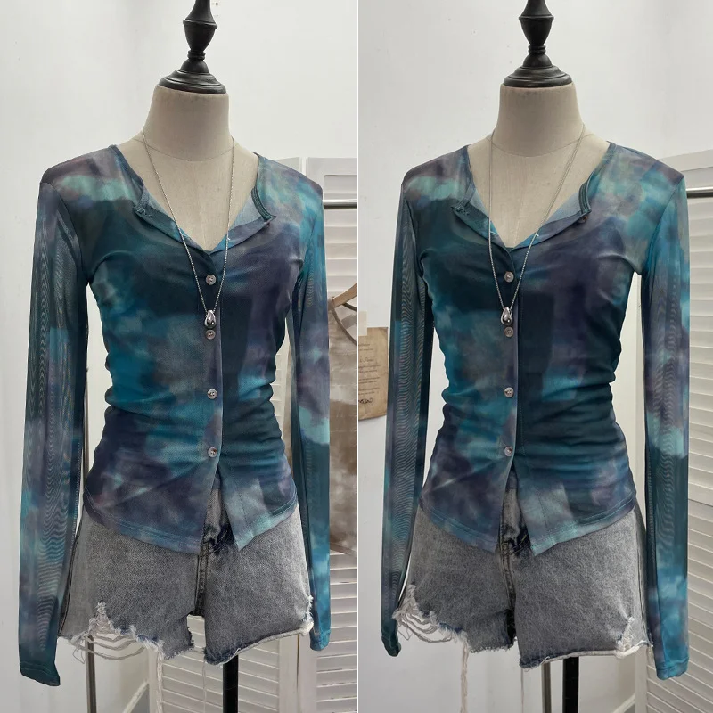 Nigikala Nigikala Babes Tie-Dye Net Yarn Sunscreen Cardigan Two Sets Of Sling Vest + Long-Sleeved Shirt Top 8056