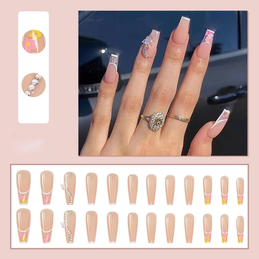 Long Coffin False Nails Aurora Butterfly with designs French Ballerina fake Nails wearable nail stickers Full Cover Nail Tips