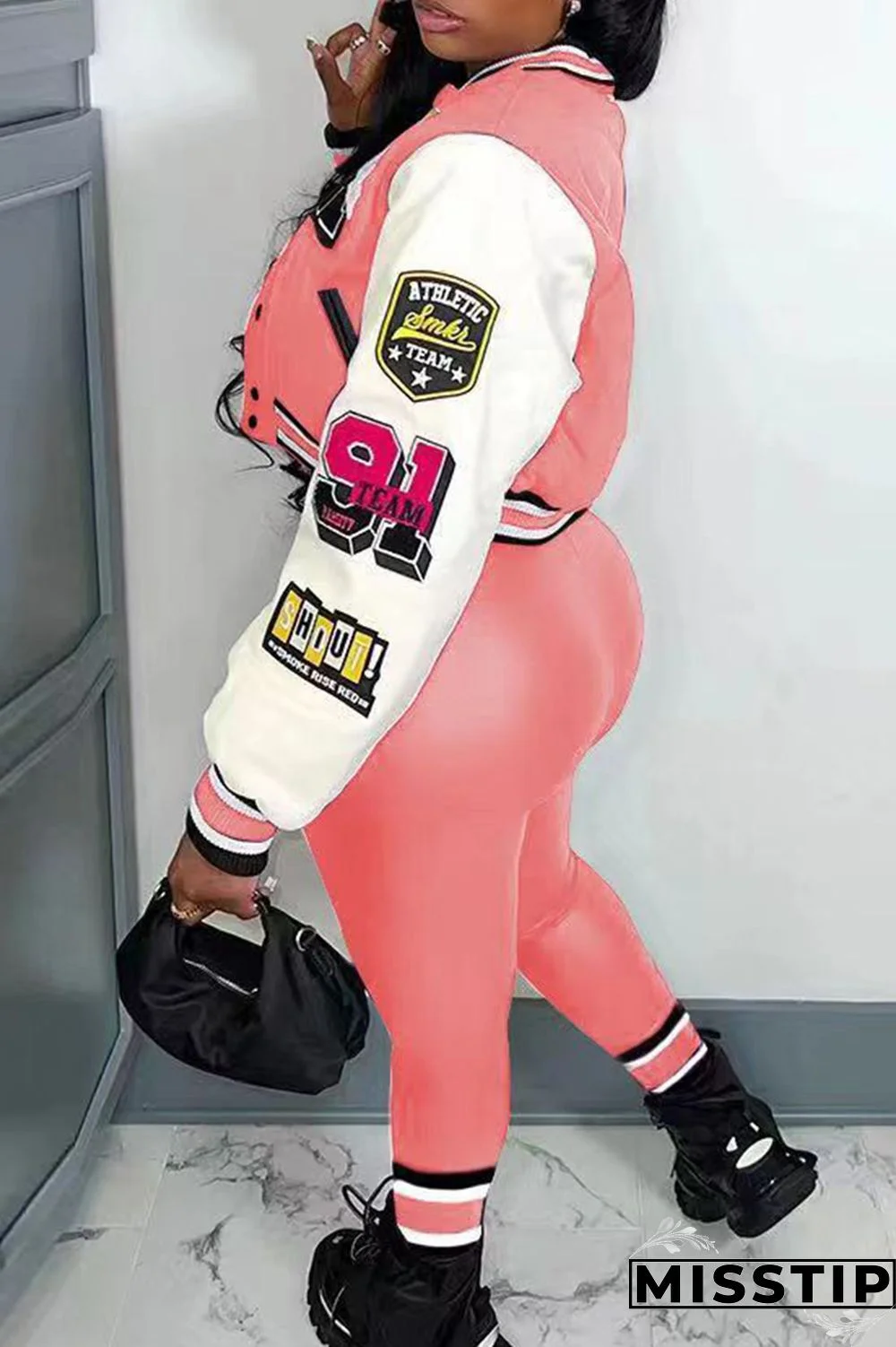 Green Casual Letter Print Patchwork Cardigan O Neck Long Sleeve Two Pieces