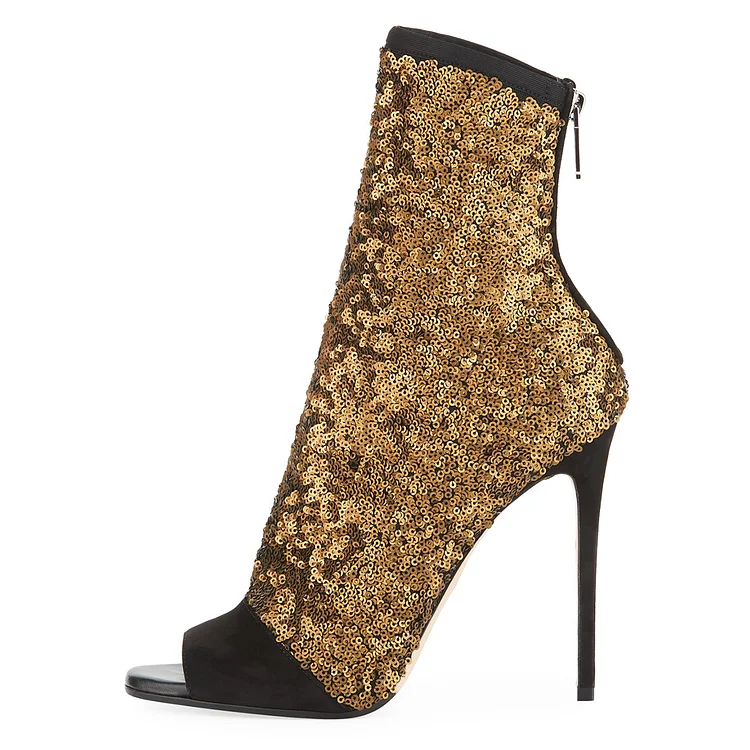 Black & Gold Peep Toe Booties Sequin Stiletto Heel Zipper Ankle Boots |FSJ Shoes