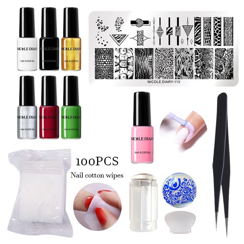 NICOLE DIARY 11pcs Nail Stamping Plates Stamping Polish Stamper Set Peel Off Liquid Tape With Remover Cotton Nail Tweezer Kit