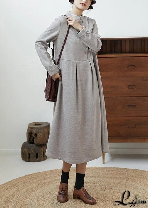 Casual Grey Stand Collar Wrinkled Patchwork Cotton Dresses Fall
