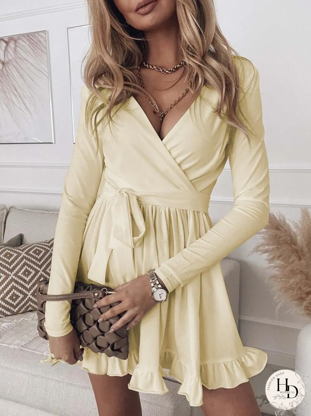 Women'S Dresses Slim Fit Deep V Neck Long Sleeve Mini Dress