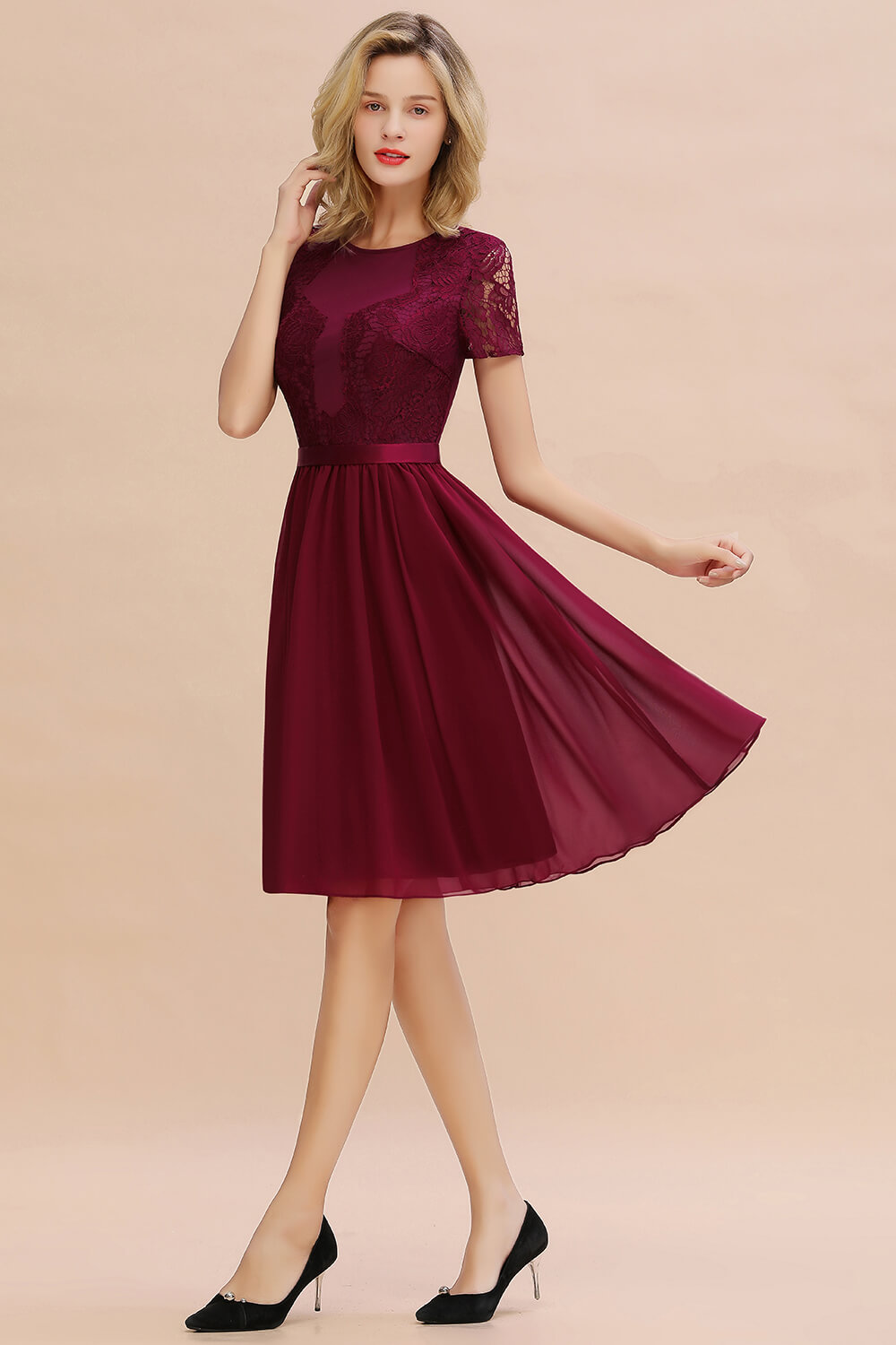 Burgundy Short Sleeve Lace Mini Homecoming Dress