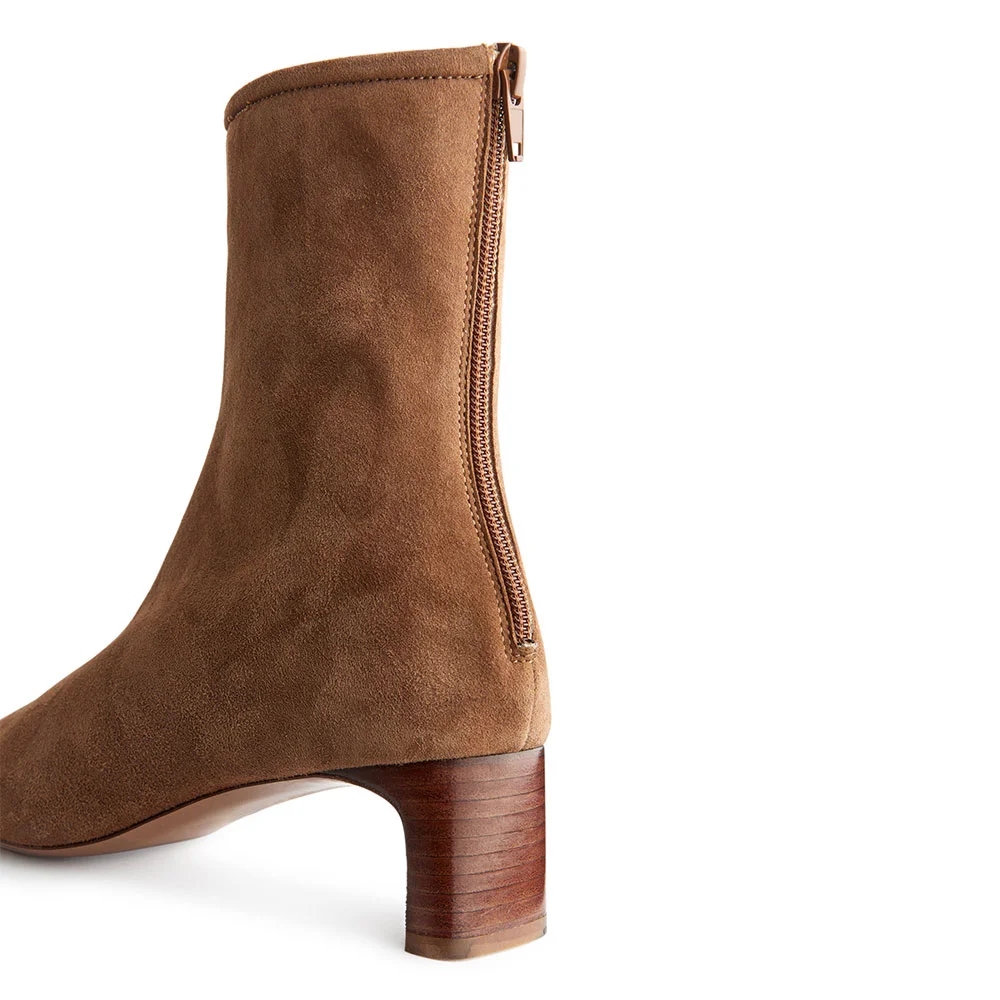 Brown Vegan Suede Square Toe Zipper Chunky Heel Short Boots for Women