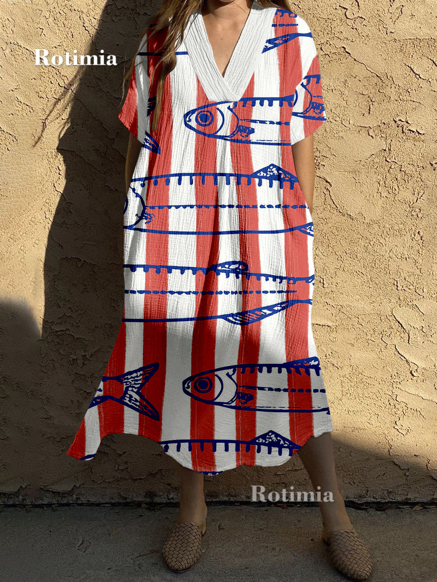 Vintage Fish Print V-Neck Dress
